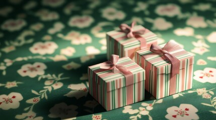 Set of gift boxes wrapped in vintage craft paper and tie ribbon on green background  with copyspace