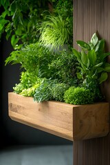 Poster - Ornamental wooden planter showcasing a curated selection of thriving potted plants in a mix of textures and shades of green set in a bright and airy setting with natural light