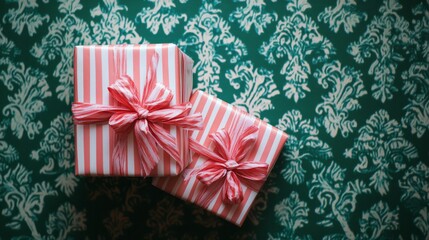 Set of gift boxes wrapped in vintage craft paper and tie ribbon on green background  with pattern