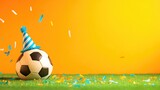 Colorful festive background showcasing a soccer ball wearing a birthday party hat, surrounded by streamers and confetti, perfect for kids' sports-themed birthday celebrations.
