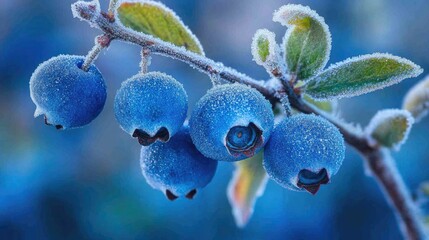 Frosted blueberries glistening with frost on a branch, showcasing a serene winter beauty in close-up nature photography.