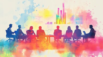 Poster - Watercolor Illustration of Coworkers in a Meeting with Colorful Background and Data Visualizations Representing Collaboration and Business Growth