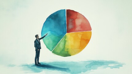 Poster - Watercolor Illustration of a Businessman Pointing at a Colorful Pie Chart Representing Growth and Data Analysis in a Creative and Modern Style