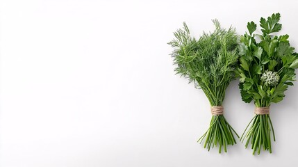 Fototapete - Isolated on white background small bouquet of fresh mixed herbs including parsley dill and chives tied with twine and side empty space for text Stockphoto style