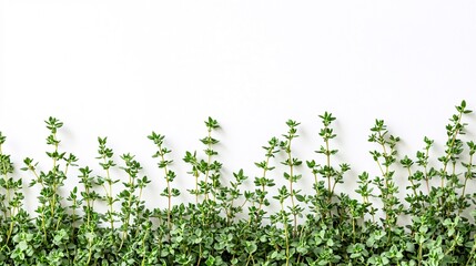 Poster - Isolated on white background multiple thyme sprigs placed diagonally to create an organic flow and side empty space for text Stockphoto style