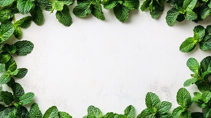 Poster - Isolated on white background mint leaves stacked in a slightly overlapping arrangement showcasing their vibrant tones and side empty space for text Stockphoto style
