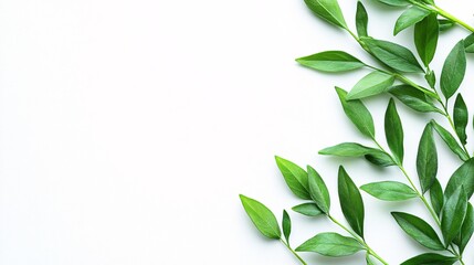 Poster - Isolated on white background cluster of fresh tarragon sprigs positioned upright showcasing their slender pointed leaves and side empty space for text Stockphoto style