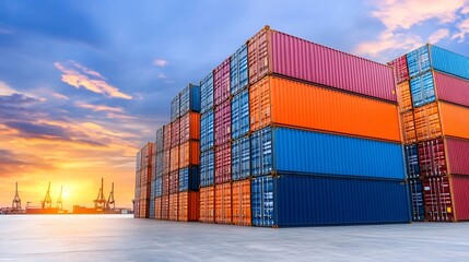 Wall Mural - Stacked Shipping Containers at Sunset in Harbor Port for Import-Export Business