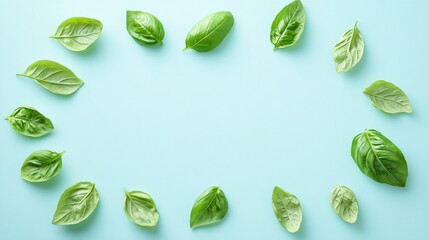 Wall Mural - Isolated on white background basil leaves overlapping in a loose circle to emphasize their smooth glossy surfaces and side empty space for text Stockphoto style