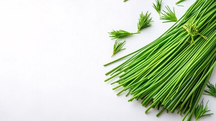 Aufkleber - Isolated on white background chives laid out in parallel on a white cutting board for a clean culinary aesthetic and side empty space for text Stockphoto style