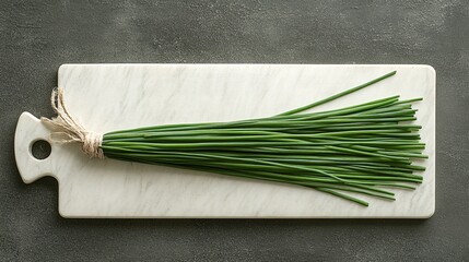 Aufkleber - Isolated on white background chives laid out in parallel on a white cutting board for a clean culinary aesthetic and side empty space for text Stockphoto style