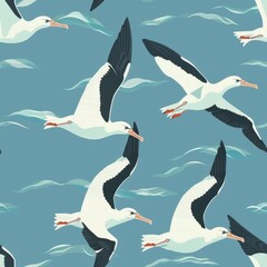 Poster - Minimal Seamless Albatross Pattern for Fabric, Showcasing Graceful Birds in Flight Against a Soft Blue Background, Perfect for Various Textile Designs