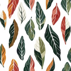 Poster - Seamless Minimalist Pattern Featuring Various Leaf Shapes and Colors Ideal for Fabric Design, Textiles, and Wallpaper Backgrounds