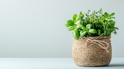 Aufkleber - Isolated on white background bundle of mixed fresh herbs neatly tied with string including basil rosemary and parsley for variety and vibrance and side empty space for text Stockphoto style