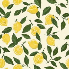 Poster - Minimalist Seamless Lemon Pattern with Fresh Green Leaves Perfect for Fabric Design and Textile Projects