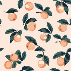 Poster - Seamless Minimal Peach Pattern Featuring Oranges and Green Leaves on a Soft Peach Background Perfect for Fabric or Textile Design Projects