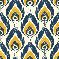 Poster - Minimalist Peacock Pattern for Seamless Fabric Design Featuring Rich Blue and Yellow Tones, Perfect for Fashion and Home Décor Applications