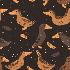 Poster - Seamless Minimalist Platypus Pattern Design for Fabric, Featuring Playful Brown Illustrations on a Dark Background, Ideal for Unique Home Decor and Fashion Projects