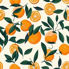 Poster - Bright and Cheerful Tangelo Pattern for Fabric Design Featuring Seamless Orange Fruits with Green Leaves on a Light Background