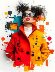 Poster - Vibrant and energetic retro pop art portrait of a woman against abstract textured backgrounds  featuring a graffiti inspired style  bold colors  and a dynamic city street scene setting