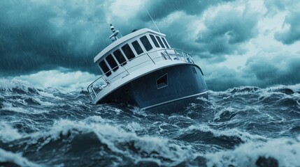 boat capsizing in stormy waters, marine accident, 3d illustration