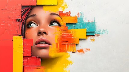 Wall Mural - Retro Pop Art Depiction of Emotive Wide Eyed Woman with Vibrant Neon Tinged Palette Set Against a Gestural Textured Retrofuturistic Cityscape Background