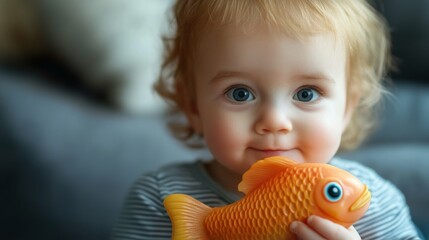 Wall Mural - Cute baby holding toy fish, focus on curiosity and innocence, vibrant colors and soft natural lighting in cozy home setting.