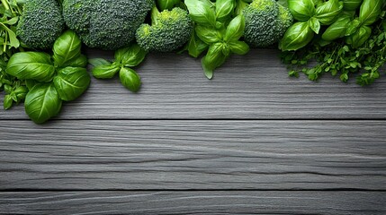 Fototapete - Bright green broccoli florets accompanied by fresh basil and thyme sprigs spread out neatly on a light wooden board with side empty space for text Stockphoto style