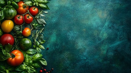 Leinwandbilder - An assortment of freshly picked tomatoes in various colors combined with fresh oregano and rosemary placed symmetrically with side empty space for text Stockphoto style