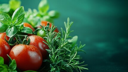 Leinwandbilder - An assortment of freshly picked tomatoes in various colors combined with fresh oregano and rosemary placed symmetrically with side empty space for text Stockphoto style