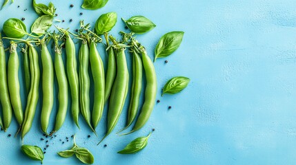 Poster - Fresh green beans arranged neatly with sprigs of tarragon and basil on a pastel-colored surface with side empty space for text Stockphoto style