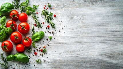 Fototapete - An elegant display of heirloom tomatoes with bunches of oregano and rosemary scattered around on a light wooden surface with side empty space for text Stockphoto style