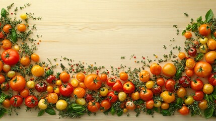 Fototapete - An elegant display of heirloom tomatoes with bunches of oregano and rosemary scattered around on a light wooden surface with side empty space for text Stockphoto style