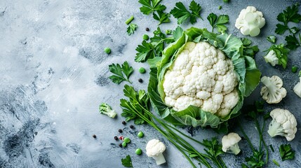 Poster - Fresh organic cauliflower head surrounded by sprigs of parsley and chives arranged naturally on a textured white background with side empty space for text Stockphoto style