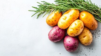 Poster - Organic potatoes and sweet potatoes stacked neatly with sprigs of rosemary for an earthy aesthetic on a white surface with side empty space for text Stockphoto style