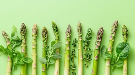 Poster - Fresh asparagus spears laid out in a straight line with sprigs of marjoram and tarragon arranged delicately alongside with side empty space for text Stockphoto style