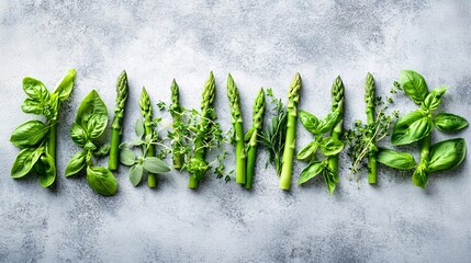 Poster - Fresh asparagus spears laid out in a straight line with sprigs of marjoram and tarragon arranged delicately alongside with side empty space for text Stockphoto style