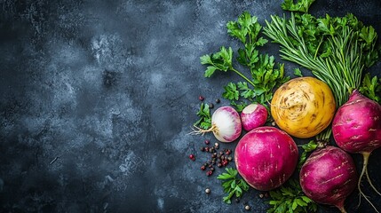 Leinwandbilder - A rustic flat-lay of mixed root vegetables including parsnips and turnips with fresh parsley and rosemary sprigs artfully placed around with side empty space for text Stockphoto style