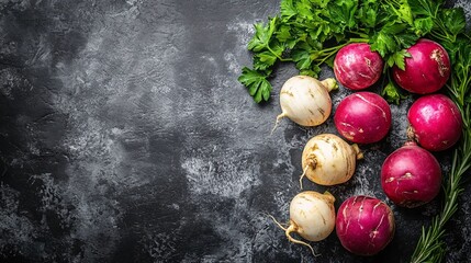 Leinwandbilder - A rustic flat-lay of mixed root vegetables including parsnips and turnips with fresh parsley and rosemary sprigs artfully placed around with side empty space for text Stockphoto style
