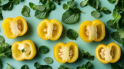 Fototapete - Bright yellow bell peppers sliced in half surrounded by fresh cilantro and mint leaves displayed against a soft gradient background with side empty space for text Stockphoto style