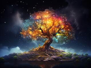 Wall Mural - gorgeous huge trees of life blend with psychedelic colored galaxies with stars, galaxy clouds 3d