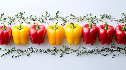 Fototapete - An elegant arrangement of red and yellow bell peppers with clusters of thyme and rosemary placed symmetrically for visual appeal with side empty space for text Stockphoto style