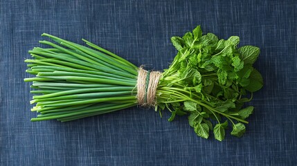 Poster - A bundle of freshly harvested scallions tied with twine alongside sprigs of chives and mint on a rustic fabric background with side empty space for text Stockphoto style