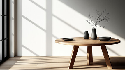 Sticker - Minimalist interior with round wooden table and decorative vases casting shadows on white wall.