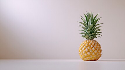 Fototapete - Isolated on white background a single bright yellow pineapple with spiky green leaves upright with side empty space for text Stockphoto style