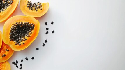 Wall Mural - Isolated on white background a freshly cut papaya with its orange interior and black seeds surrounded by whole papayas with side empty space for text Stockphoto style