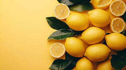 Fototapete - Isolated on white background a large bunch of fresh yellow lemons alongside lemon wedges arranged diagonally with side empty space for text Stockphoto style
