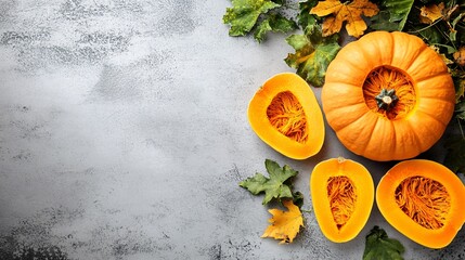 Fototapete - Isolated on white background a beautifully textured orange pumpkin paired with slices showing its vibrant interior with side empty space for text Stockphoto style
