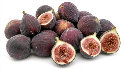 Fototapete - Isolated on white background a small pile of fresh figs some halved to reveal their rich pink interiors with side empty space for text Stockphoto style
