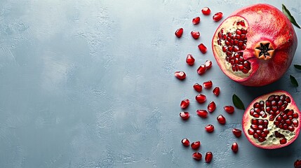 Fototapete - Isolated on white background a detailed image of whole and peeled pomegranate with its juicy red arils scattered naturally with side empty space for text Stockphoto style